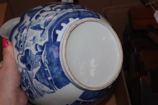 A Chinese blue and white sleeve vase, similar bowl and a sang de boeuf vase